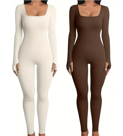 Women'S Yoga Sports Fitness Jumpsuit Workout Long Sleeve Square Collar Clothing